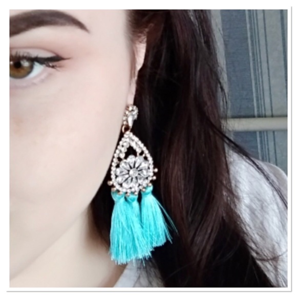 Rhinestone & Turquoise Tassel Earrings - Picture 3 of 3